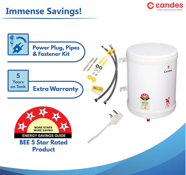 Candes 35 Litre Automatic Storage ISI Approved Vertical Electric Water Heater (Geyser) 5 Star Rated with Installation Kit & Special Anti Rust Body, (Ivory) (2000 W)