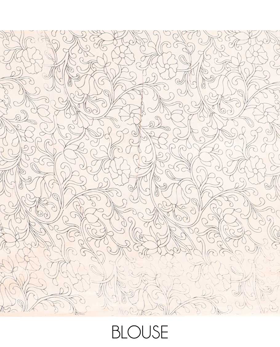 Blue unique floral machine-printed kalamkari cotton saree, contrast floral border & floral & diamond pallu