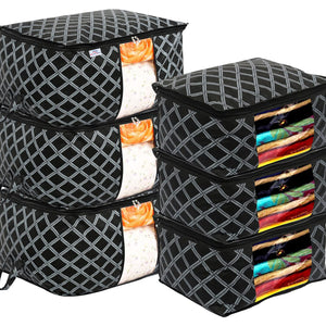 Heart Home Non-Woven Check Print 3 Pieces Underbed Storage Bag & 3 Pieces Saree Cover With Transparent Window, Pack of 6 (Black)