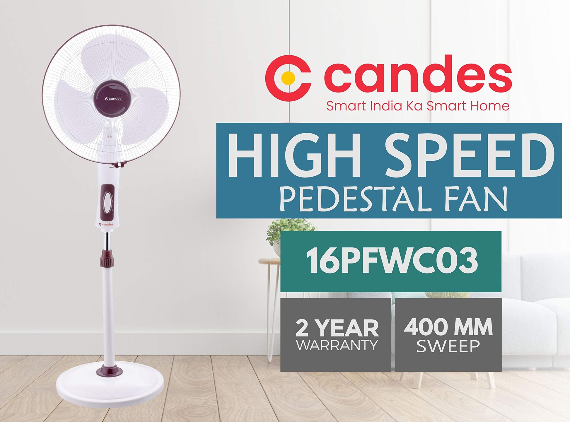 Candes Platine 400mm 3 Blade Automatic Oscillation Pedestal Fan With 2 Years Warranty (White Cherry)