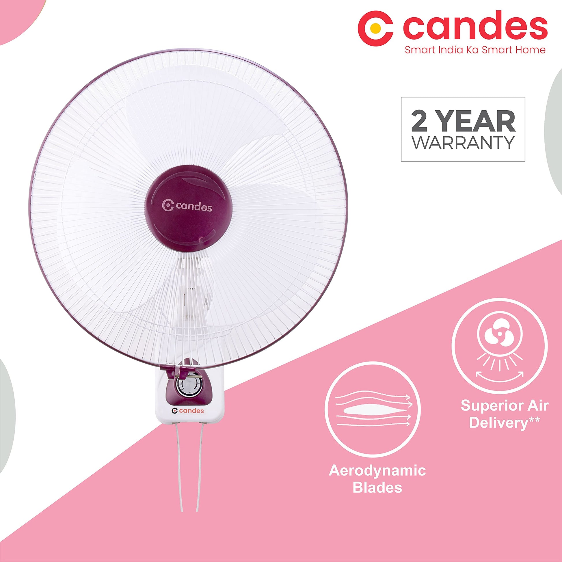 Candes Aura 3 Blade Automatic Oscillation Wall Fan With 2 Year Warranty (White Cherry, 400mm)