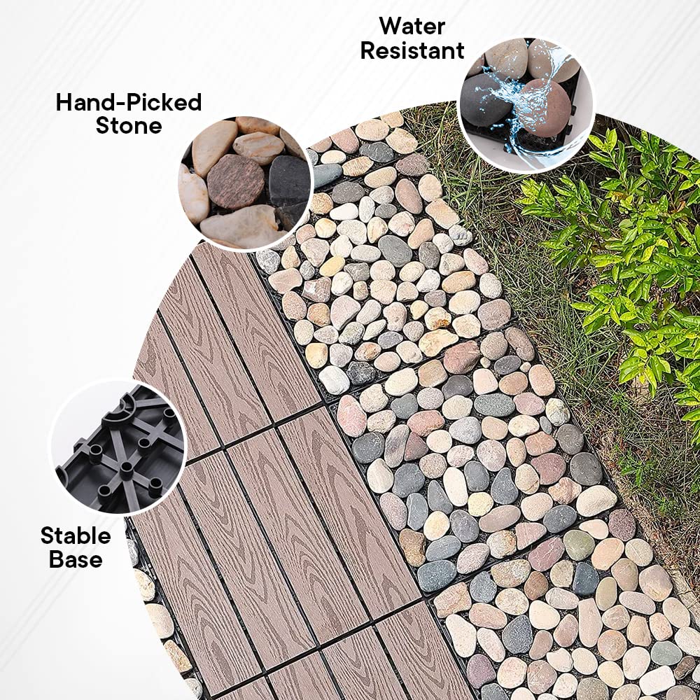 Cheston Tiles for Floor with Interlocking I Pebble Floor Tiles I Weather & Water Resistant I Tiles for Garden, Balcony & Poolside I 12" X 12" Deck Tiles (Set of 1, Multi-colour Stones)