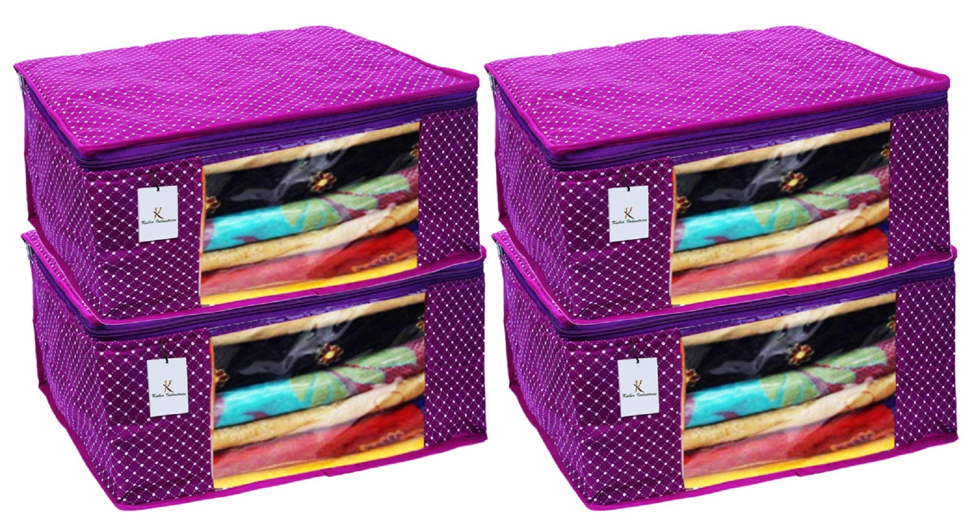Kuber Industries Polka Dots 4 Piece Cotton 3 Layered Quilted Saree Cover, Purple-CTKTC25814