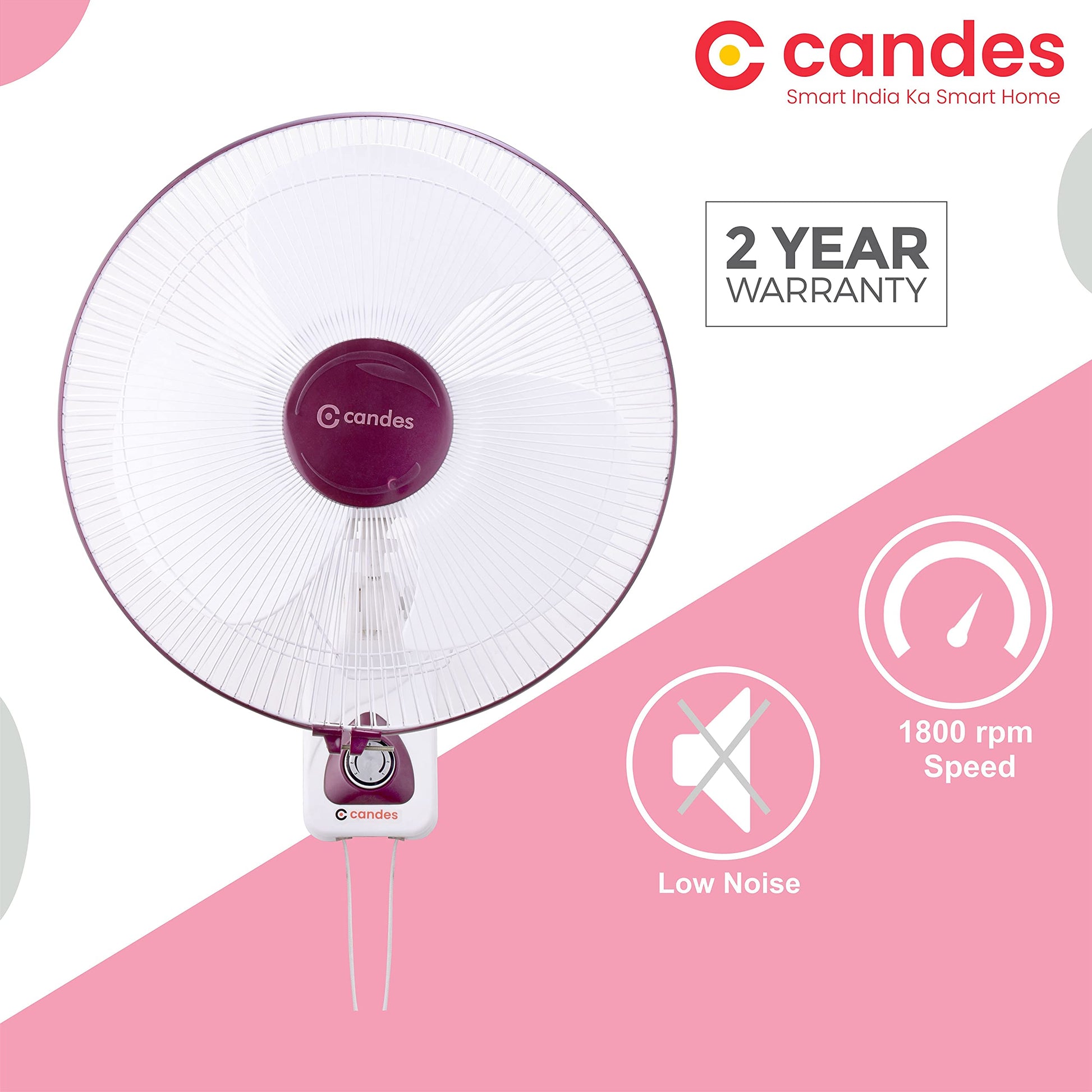 Candes Aura 3 Blade Automatic Oscillation Wall Fan With 2 Year Warranty (White Cherry, 400mm)