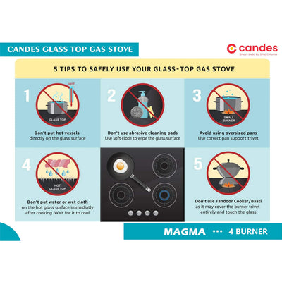 Candes Magma Glass Top Gas Stove, Manual Ignition, Black (ISI Certified, With 18 Months Warranty (4 Burner)