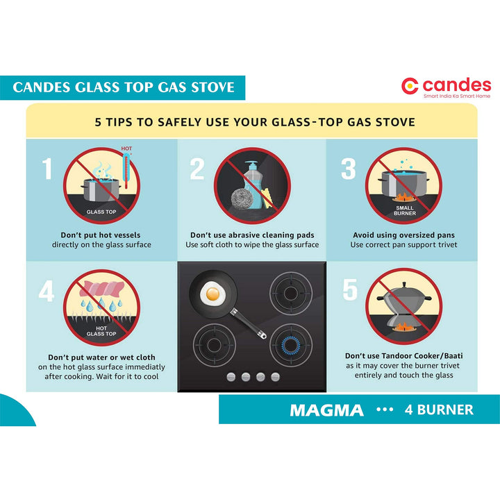 Candes Magma Glass Top Gas Stove, Manual Ignition, Black (ISI Certified, With 18 Months Warranty (4 Burner)