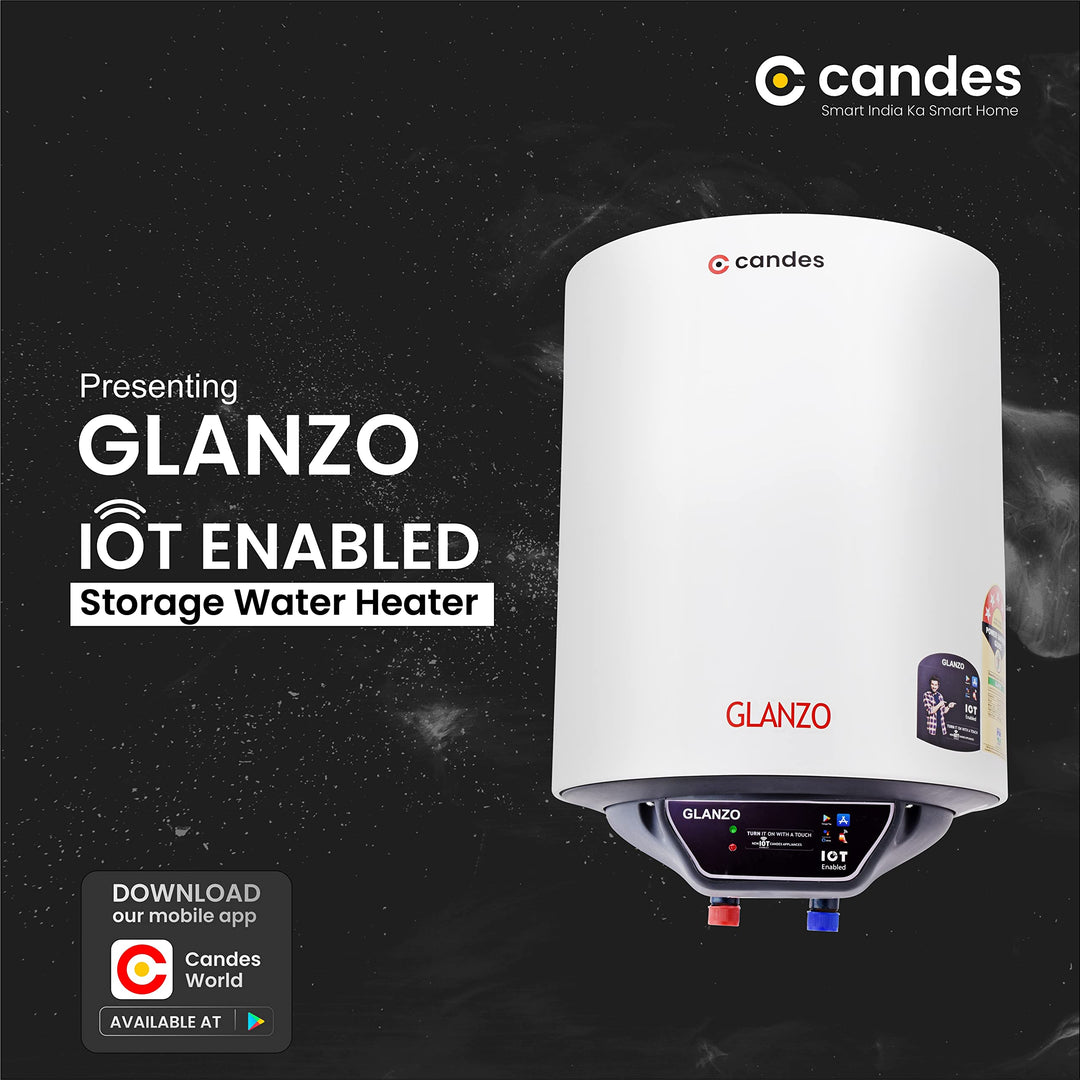 Candes 10 Litre IOT Enabled Glanzo Glassline ISI Approved Storage Electric Water Heater (Geyser) 5 Star Rated with Installation Kit & Special Anti Rust Body, White (2000 W)