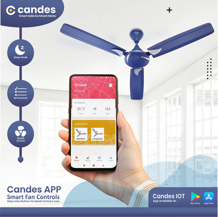 Candes IOT Lynx High Speed Anti dust Decorative 3 Star Rated Ceiling Fan 2 Yrs Warranty (Smart IOT With Remote) (1200MM, Silver Blue)