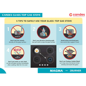 Candes Magma Glass Top Gas Stove | Manual Ignition, Black (ISI Certified, With 18 Months Warranty (2 Burner)