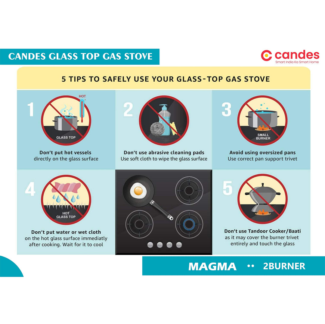 Candes Magma Glass Top Gas Stove | Manual Ignition, Black (ISI Certified, With 18 Months Warranty (2 Burner)