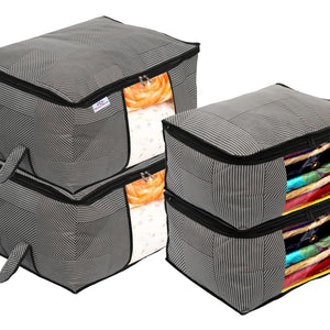 Heart Home Non-Woven Lining Print 2 Pieces Underbed Storage Bag & 2 Pieces Saree Cover With Transparent Window, Pack of 4 (Gray)