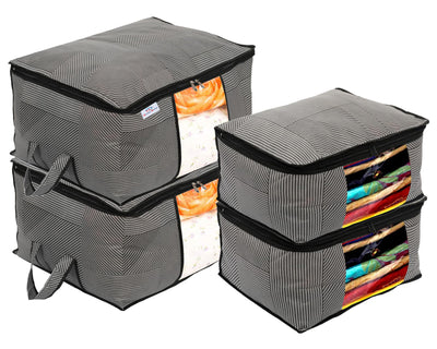 Heart Home Non-Woven Lining Print 2 Pieces Underbed Storage Bag & 2 Pieces Saree Cover With Transparent Window, Pack of 4 (Gray)