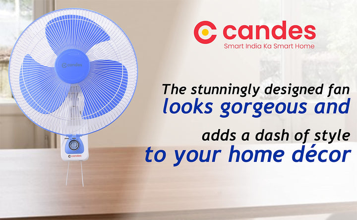 Candes Aura 3 Blade Automatic Oscillation Wall Fan With 2 Year Warranty (White Blue, 400mm)