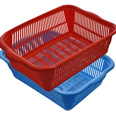 Kuber Industries 2 Pieces Plastic Kitchen Dish Rack Drainer Vegetables and Fruits Basket Dish Rack Multipurpose Organizers,Large Size,Blue & Red