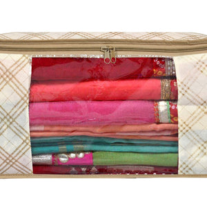 Kuber Industries Metalic Checkered Print 2 Piece Non Woven Fabric Saree Cover Set with Transparent Window, Extra Large (Ivory)-KUBMART16502