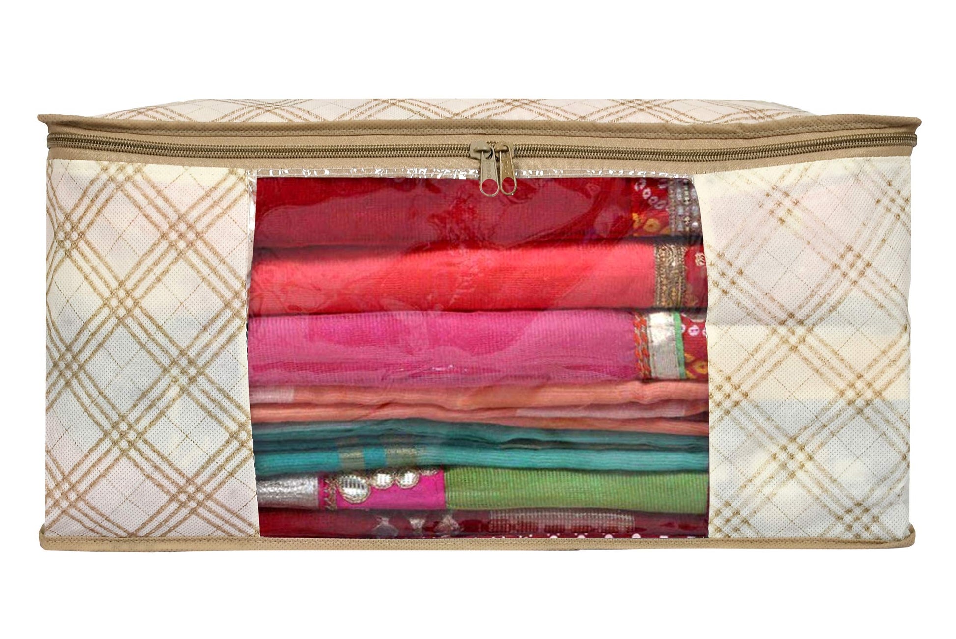 Kuber Industries Metalic Checkered Print 2 Piece Non Woven Fabric Saree Cover Set with Transparent Window, Extra Large (Ivory)-KUBMART16502