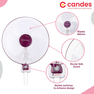 Candes Aura 3 Blade Automatic Oscillation Wall Fan With 2 Year Warranty (White Cherry, 400mm)