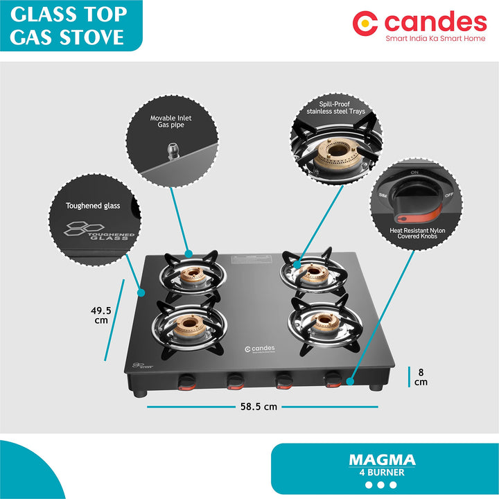 Candes Magma Glass Top Gas Stove, Manual Ignition, Black (ISI Certified, With 18 Months Warranty (4 Burner)