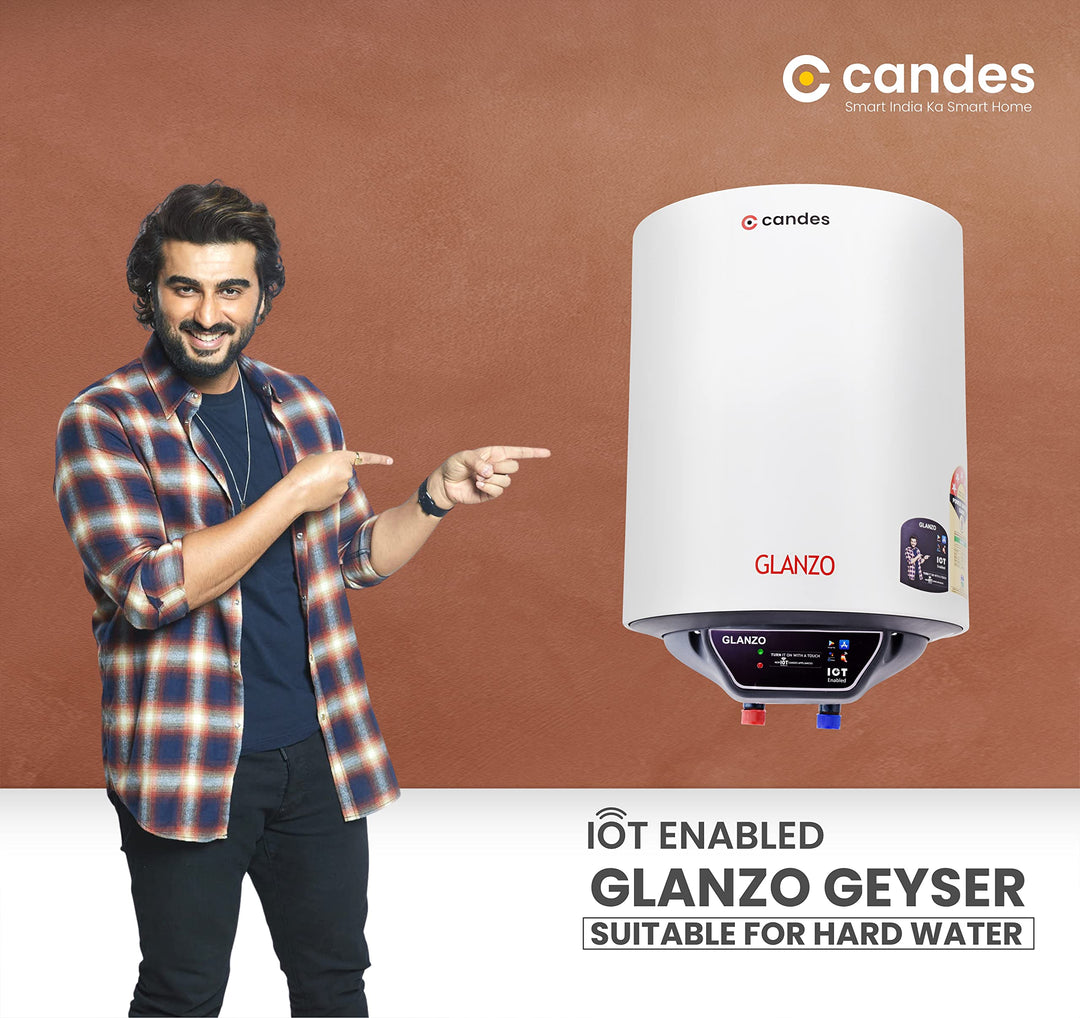 Candes 10 Litre IOT Enabled Glanzo Glassline ISI Approved Storage Electric Water Heater (Geyser) 5 Star Rated with Installation Kit & Special Anti Rust Body, White (2000 W)