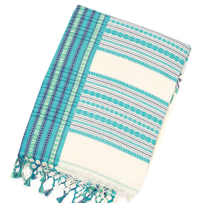 White Handloom Bengal Cotton Saree With Contrast Blue Border