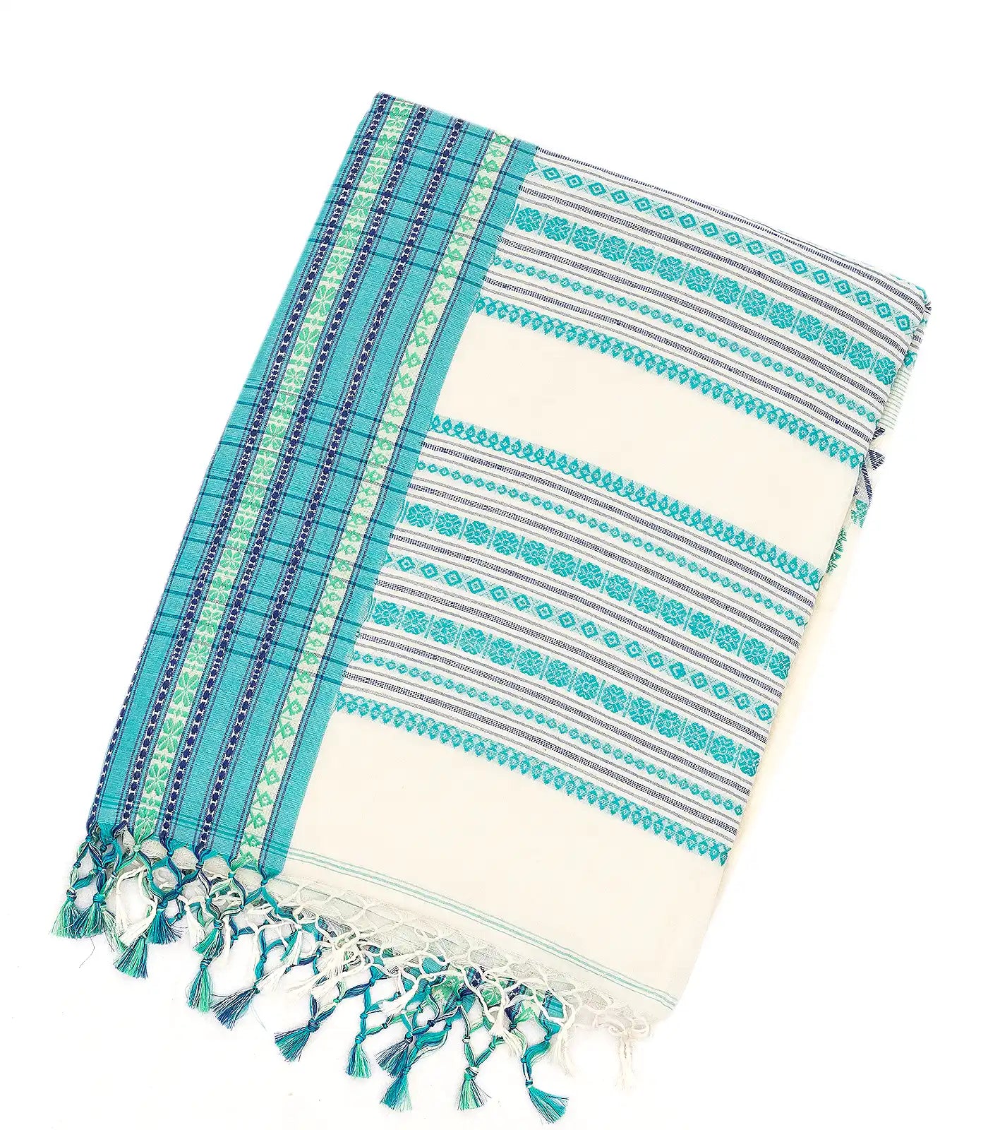 White Handloom Bengal Cotton Saree With Contrast Blue Border