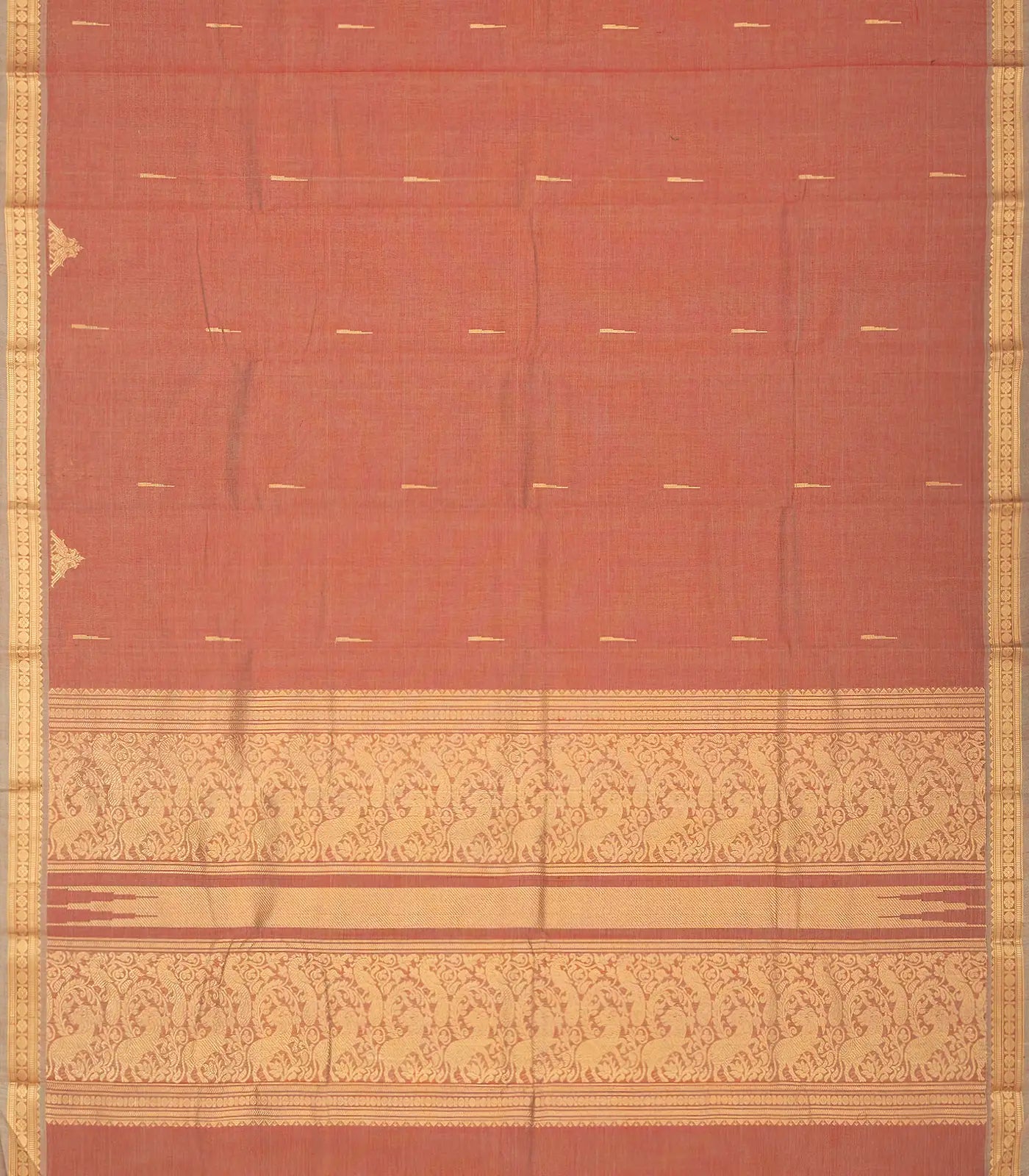 Dark Peach Handloom Kanchi Cotton Saree With Kamalam Buttas