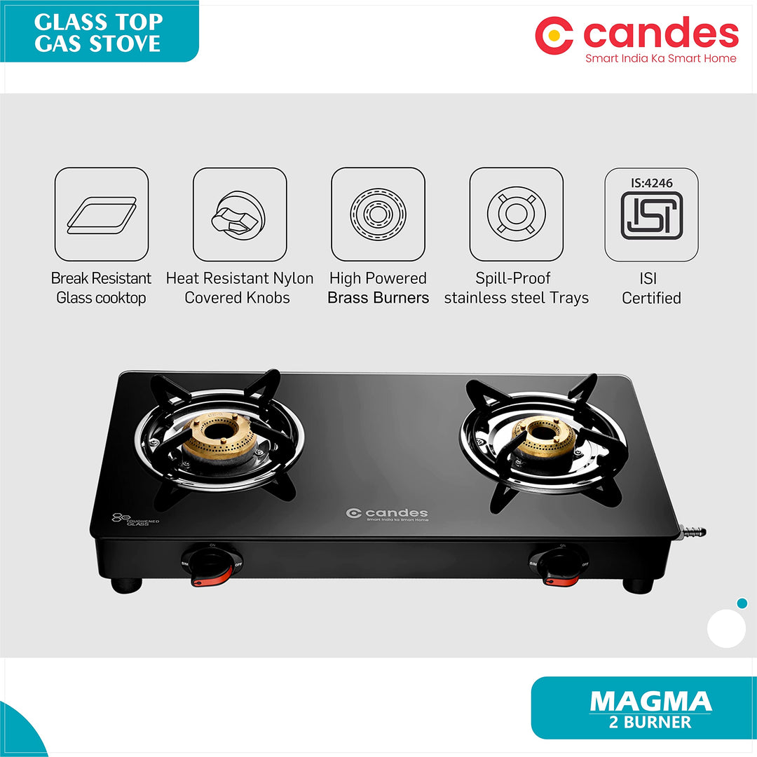 Candes Magma Glass Top Gas Stove | Manual Ignition, Black (ISI Certified, With 18 Months Warranty (2 Burner)