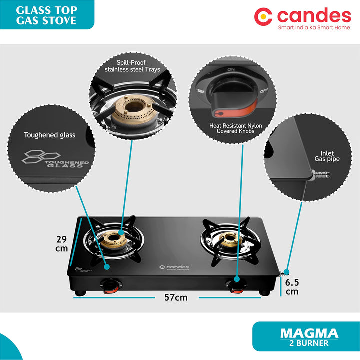 Candes Magma Glass Top Gas Stove | Manual Ignition, Black (ISI Certified, With 18 Months Warranty (2 Burner)