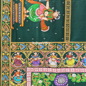 Bottle Green Boita Krishna Leela Hand-Painted Pattachitra Saree