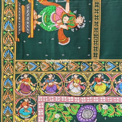 Bottle Green Boita Krishna Leela Hand-Painted Pattachitra Saree