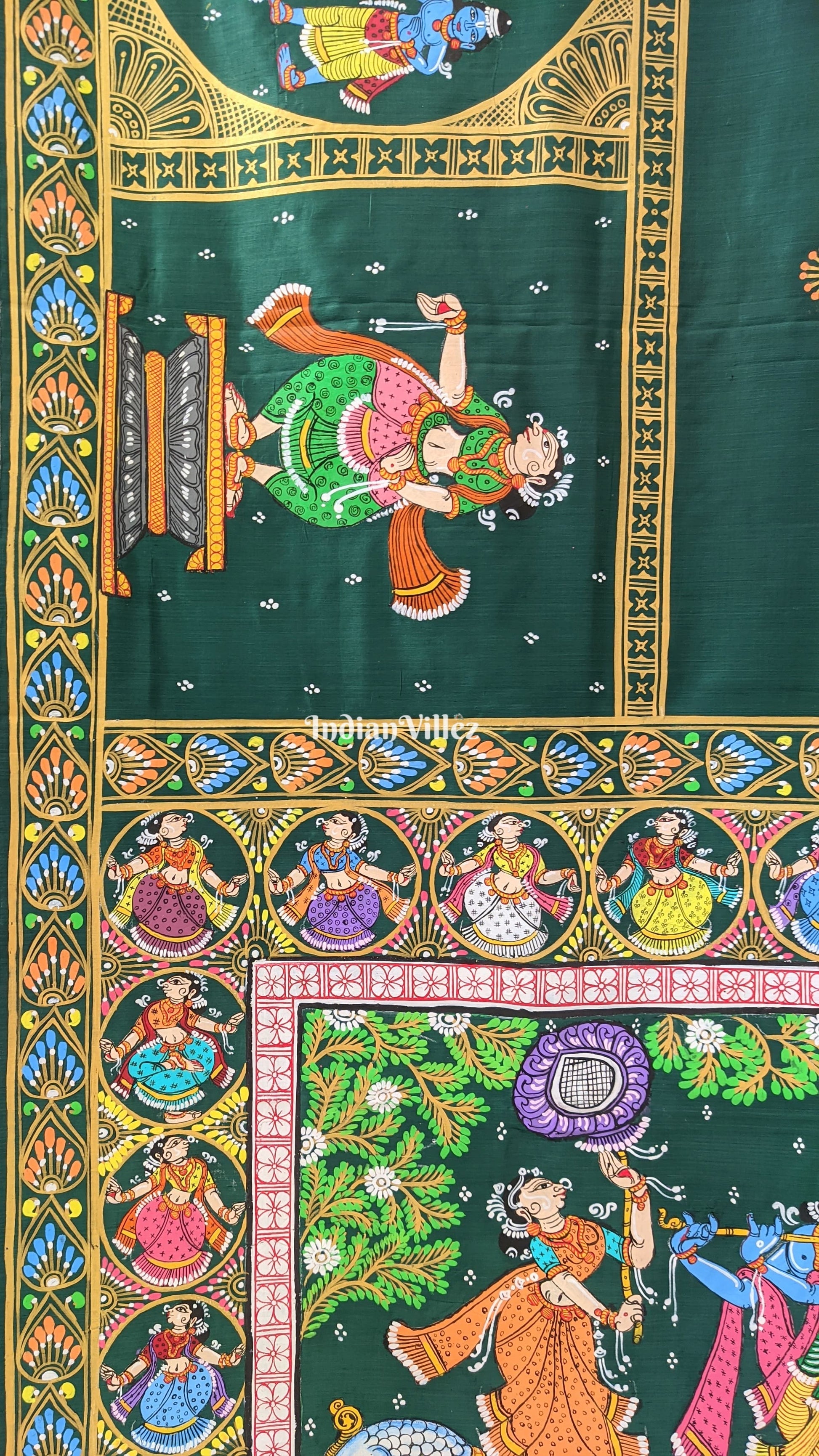 Bottle Green Boita Krishna Leela Hand-Painted Pattachitra Saree
