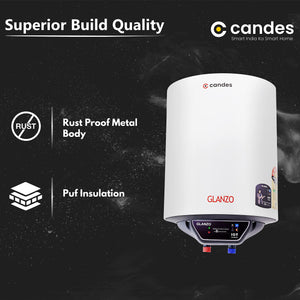 Candes 10 Litre IOT Enabled Glanzo Glassline ISI Approved Storage Electric Water Heater (Geyser) 5 Star Rated with Installation Kit & Special Anti Rust Body, White (2000 W)