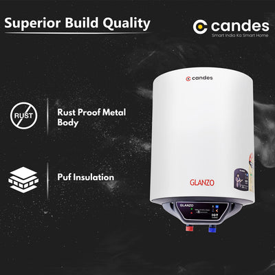 Candes 10 Litre IOT Enabled Glanzo Glassline ISI Approved Storage Electric Water Heater (Geyser) 5 Star Rated with Installation Kit & Special Anti Rust Body, White (2000 W)