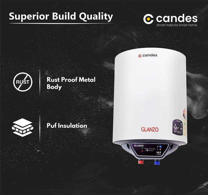 Candes 10 Litre IOT Enabled Glanzo Glassline ISI Approved Storage Electric Water Heater (Geyser) 5 Star Rated with Installation Kit & Special Anti Rust Body, White (2000 W)