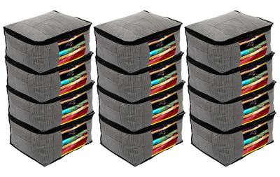 Kuber Industries Non-Woven Lining Print Saree Organizer|Wardrobe Organizers With Transparent Window, Zipper, Set of 12 (Gray)