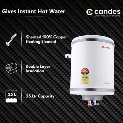 Candes 25 Litre Elentro 5 Star Rated Automatic Instant Storage Electric Water Heater with Special Metal Body Anti Rust Coating With Installation Kit, 2kW Geyser + Safety Valve (White)