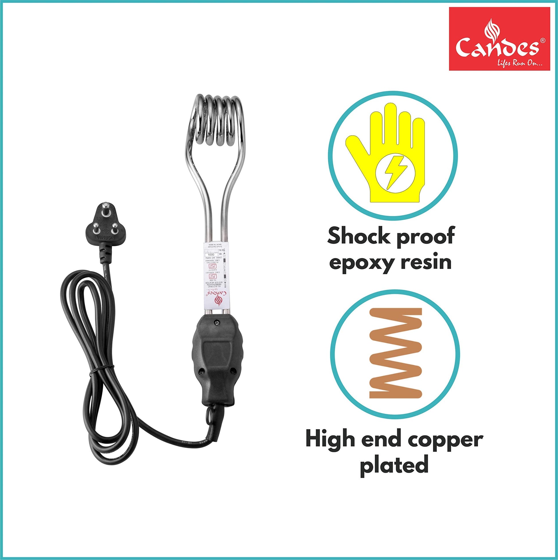 Candes Magic Mark Shock-Proof & Water-Proof 1000 W Immersion Heater Rod (Black)