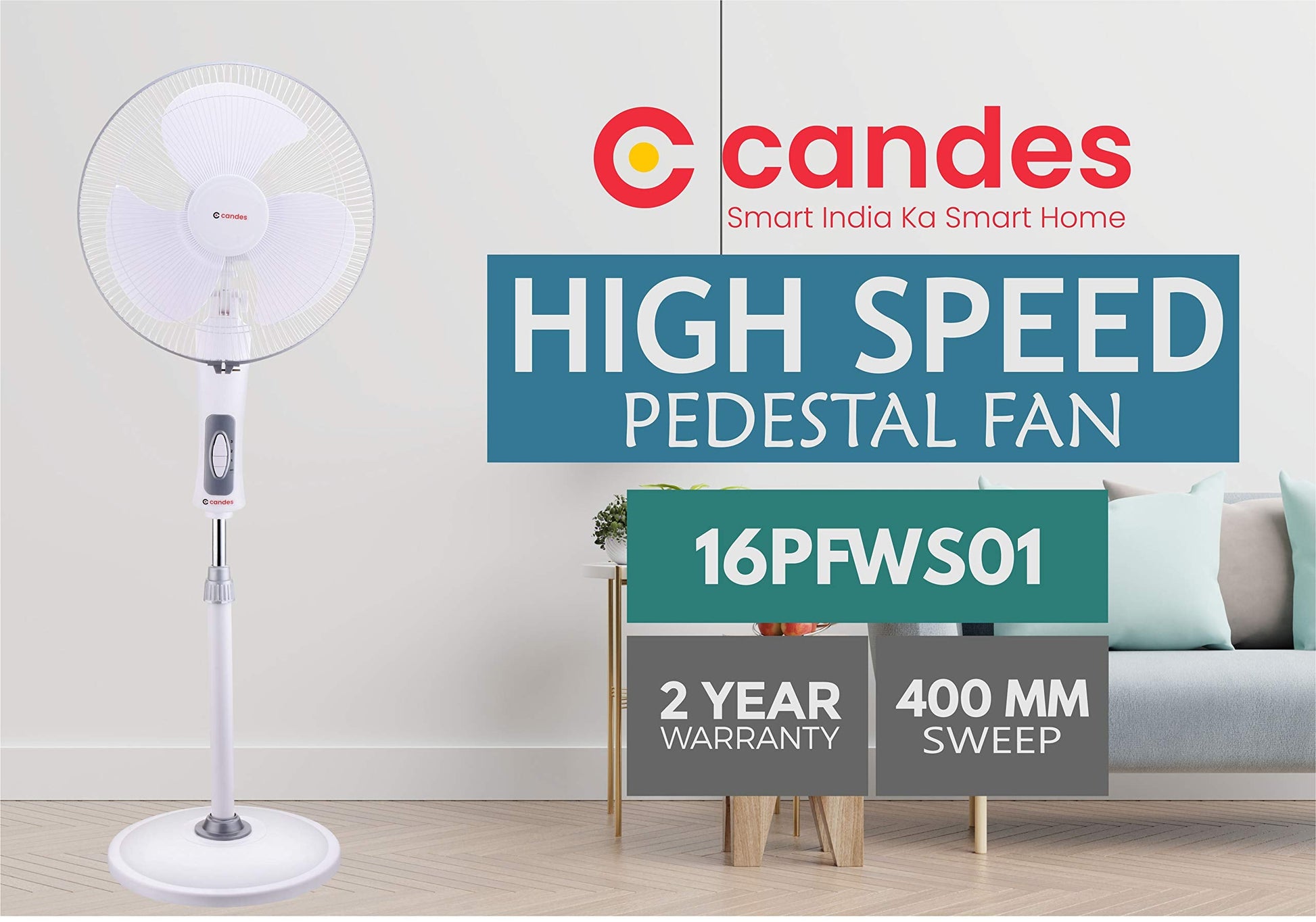 Candes Platine 400mm 3 Blade Automatic Oscillation Pedestal Fan With 2 Years Warranty (White Silver)