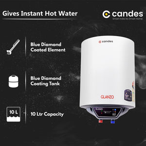 Candes 10 Litre IOT Enabled Glanzo Glassline ISI Approved Storage Electric Water Heater (Geyser) 5 Star Rated with Installation Kit & Special Anti Rust Body, White (2000 W)