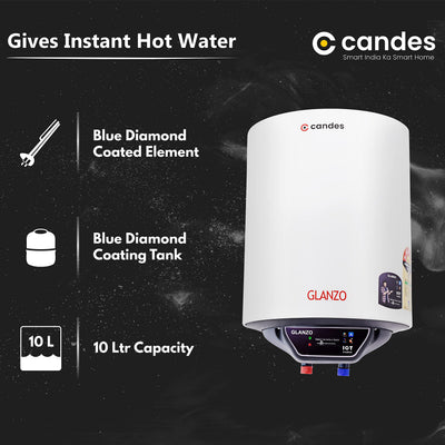 Candes 10 Litre IOT Enabled Glanzo Glassline ISI Approved Storage Electric Water Heater (Geyser) 5 Star Rated with Installation Kit & Special Anti Rust Body, White (2000 W)