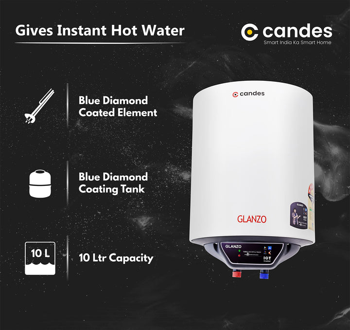 Candes 10 Litre IOT Enabled Glanzo Glassline ISI Approved Storage Electric Water Heater (Geyser) 5 Star Rated with Installation Kit & Special Anti Rust Body, White (2000 W)