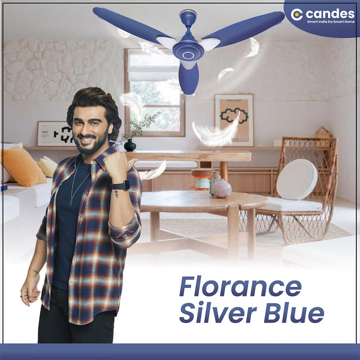 Candes Florence 1200mm/48Inch High Speed Decorative 5 Star Rated Ceiling Fan 400 RPM With 2 Yrs Warranty (Smart IOT With Remote) Silver Blue