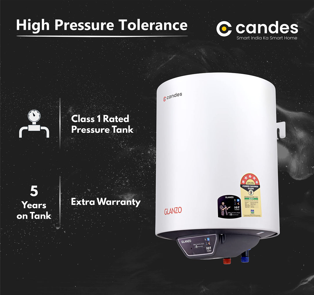 Candes 10 Litre IOT Enabled Glanzo Glassline ISI Approved Storage Electric Water Heater (Geyser) 5 Star Rated with Installation Kit & Special Anti Rust Body, White (2000 W)