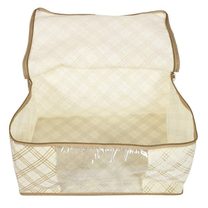 Kuber Industries Metalic Checkered Print 2 Piece Non Woven Fabric Saree Cover Set with Transparent Window, Extra Large (Ivory)-KUBMART16502