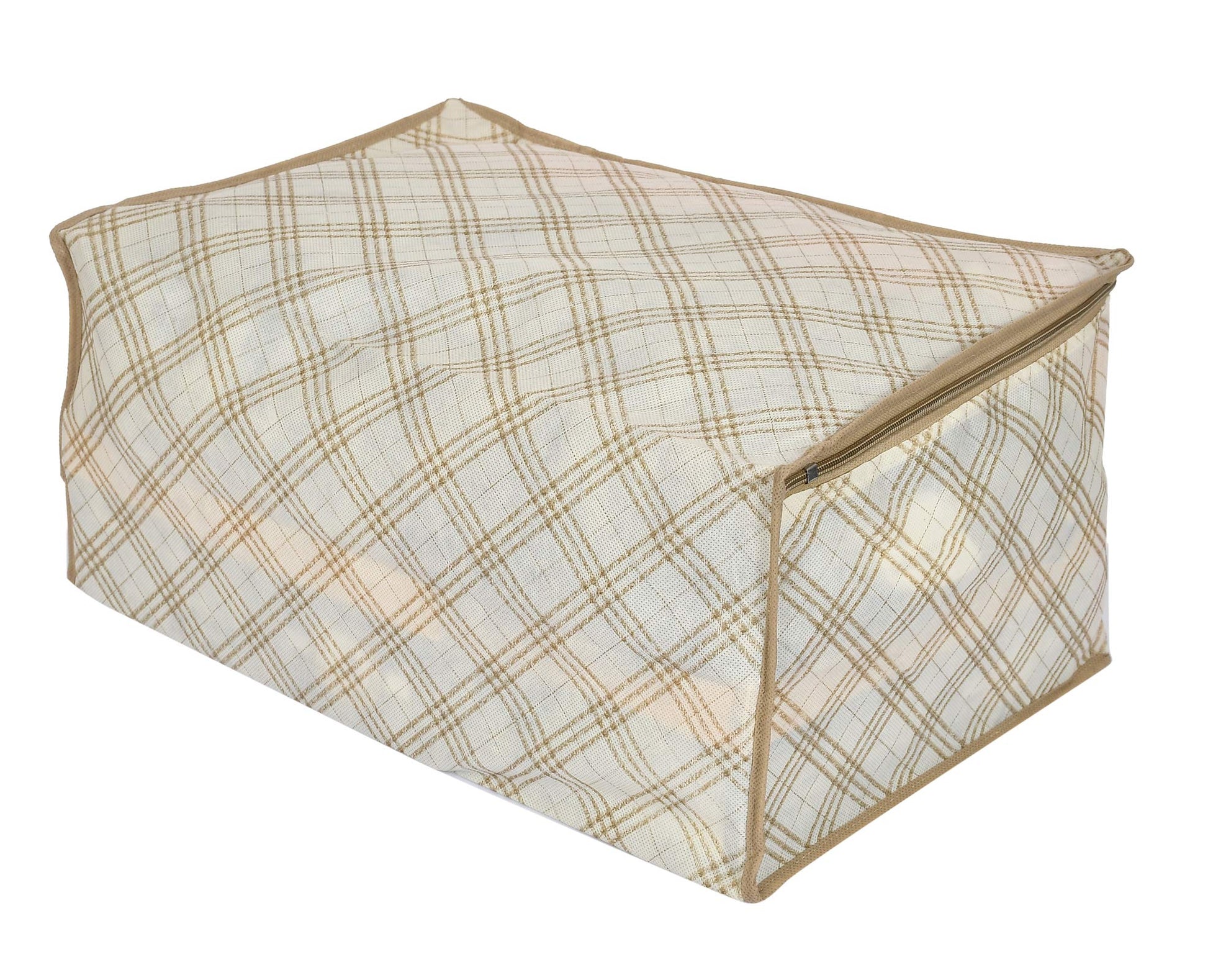 Kuber Industries Metalic Checkered Print 2 Piece Non Woven Fabric Saree Cover Set with Transparent Window, Extra Large (Ivory)-KUBMART16502