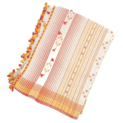 Off White Handloom Bhujodi Cotton Saree With Red Stripes