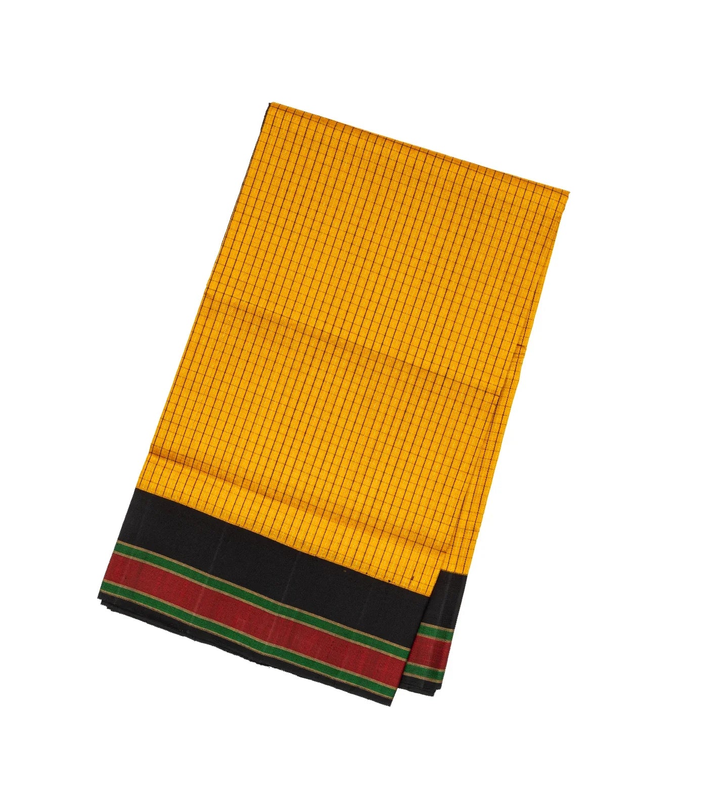 Mustard Handloom Soft Silk Saree With Checks & Contrast Border