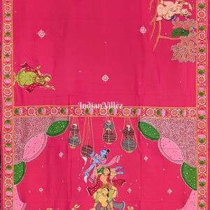 Pink Krishna Janmashtami Theme Hand-Painted Pattachitra Saree