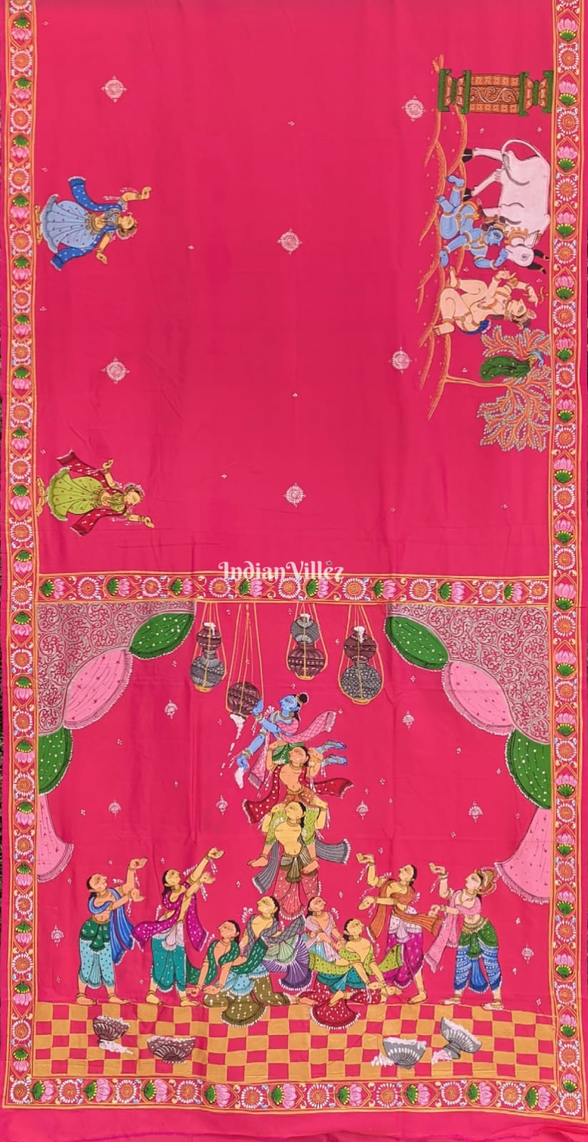 Pink Krishna Janmashtami Theme Hand-Painted Pattachitra Saree