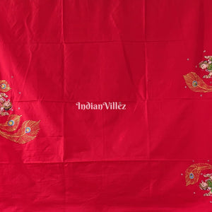 Red Ardha Chandra Krishna Rasa Leela Hand-Painted Pattachitra Saree